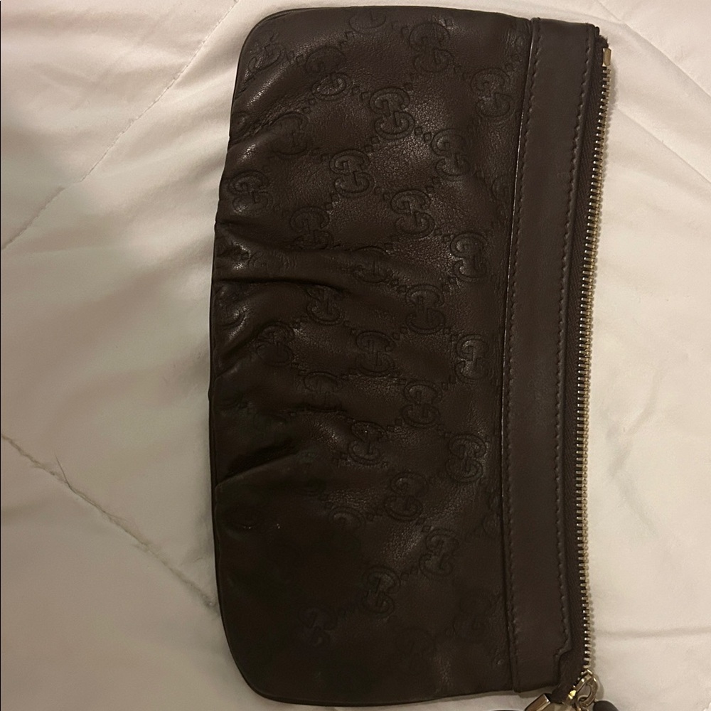 Gucci Dark Brown Embossed Leather Pouch